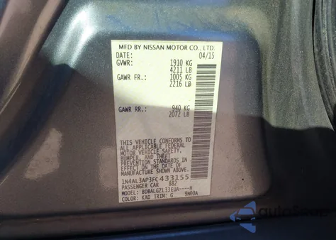 2015 Nissan Altima 2.5 S from USA, damaged, VIN 1N4AL3AP3FC433155